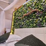 Lit moderne face à mur végétal, ambiance cabane perchée pour séjour insolite et reposant. Auberge de la Tuilière