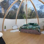 Chambre douillette sous tipyramide, vue forêt, lit double végétal, déco nature et bois. Auberge de la Tuilière