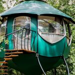 Cabane perchée verte, forme capsule, grandes fenêtres, escalier courbe. Immersion totale en forêt. Auberge de la Tuilière