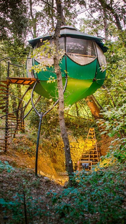 Campalune verte perchée, fenêtres larges, escalier hélicoïdal, lumière naturelle sous les arbres denses. Auberge de la Tuilière